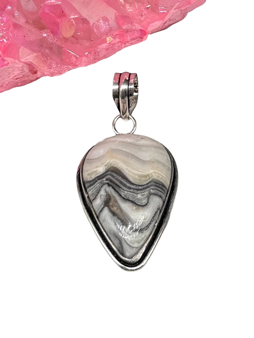 Zebra Calcite Stone Necklace Pendant 925 Sterling Silver Overlay